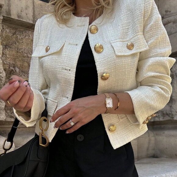 Apricot Elegant Women's Solid Color Tweed Jacket - Picture 1 of 4